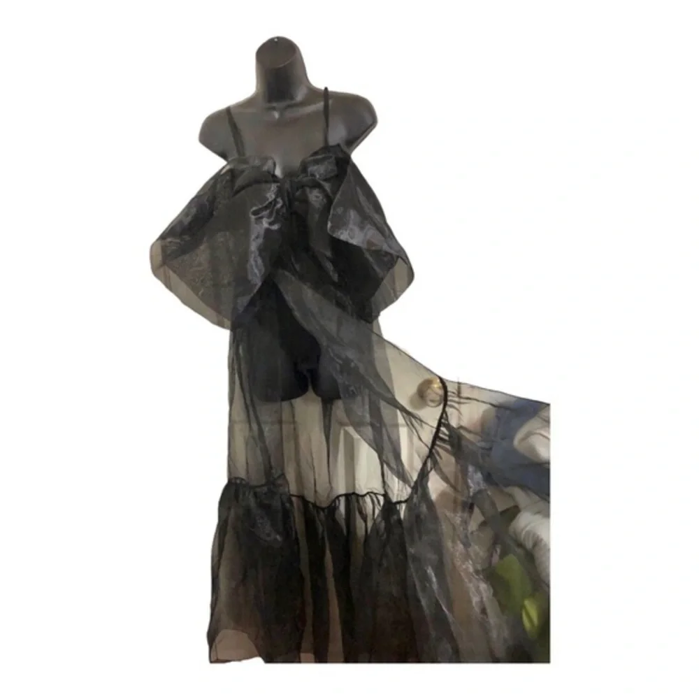 Free People intimately black Someone Say Bows Bodysuit sheer Maxi‎ dress size XS